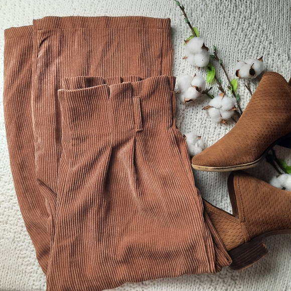 tgla Pants - tgla Stitch Fitch Corduroy High Ruffle Waist Wide Leg Cropped